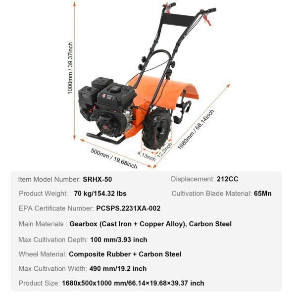 VEVOR Tiller Cultivator Gas Powered, 212CC 4-Stroke Garden Cultivator, Tiller with 4 Steel Adjustable Rear Tines for Lawn, Garden and Field Soil Cultivation