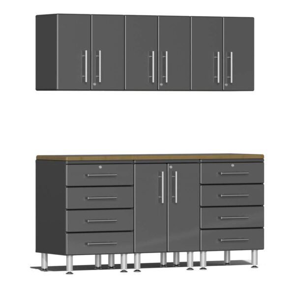 Ulti-MATE UG22072G 7-Piece Garage Cabinet Kit with Bamboo Worktop in Graphite Grey Metallic