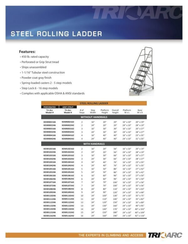 Tri-Arc KDSR113242 13-Step Steel Rolling Industrial and Warehouse Ladder with Handrails and 24" Wide Grip-Strut Tread