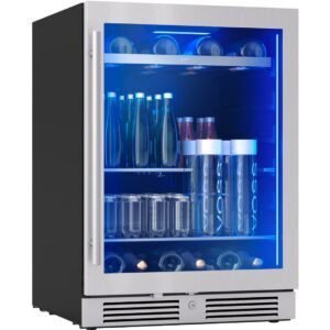 Zephyr Presrv 24 Inch Wine Fridge Single Zone Under Counter - Beverage and Wine Cooler Cellars Cabinet Wine Bar Drink Refrigerator for Home Freestanding with Glass Door